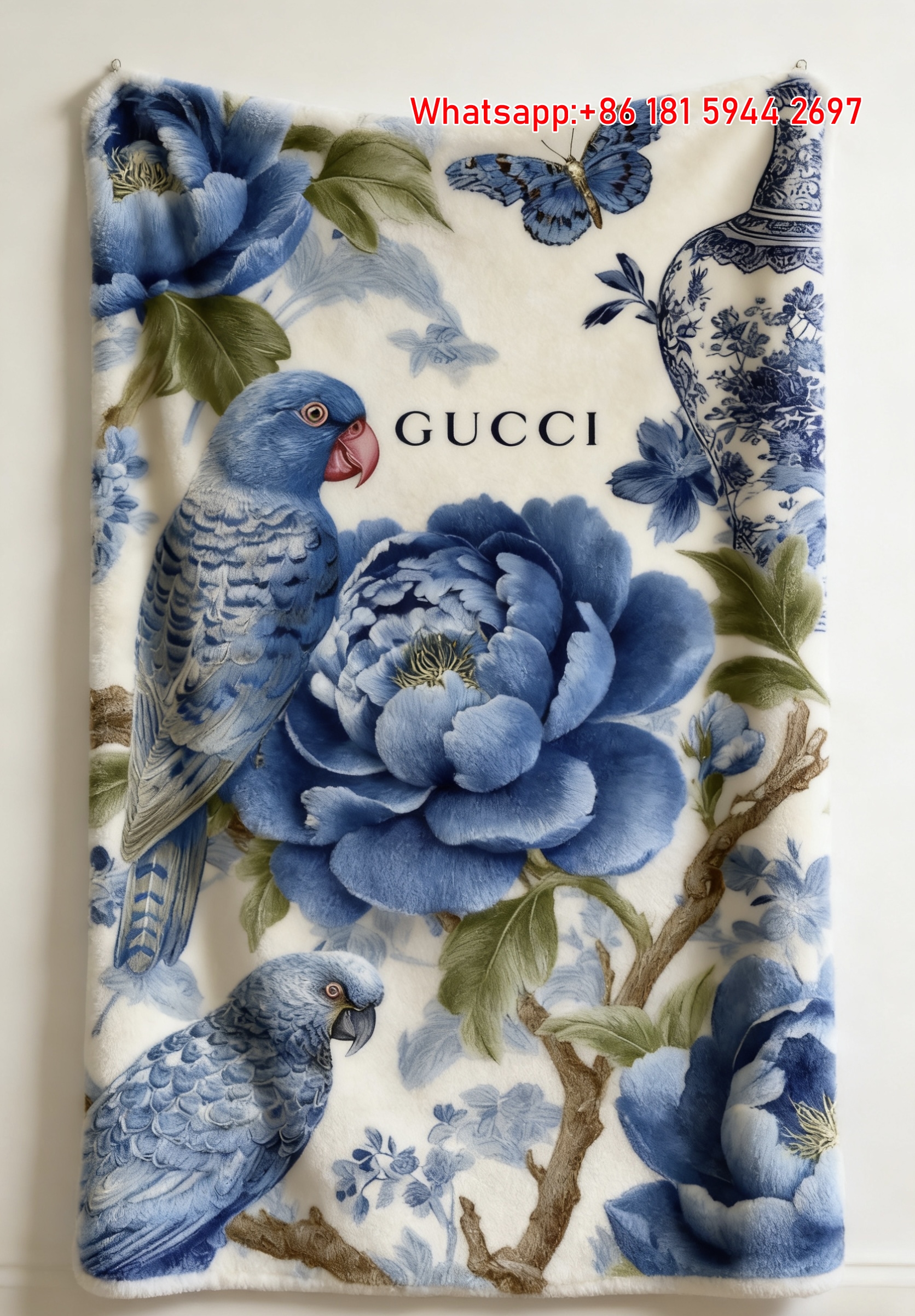 Blue Porcelain Parrot Tapestry Gucci Chinoiserie Dream throw blanket IMG_2791